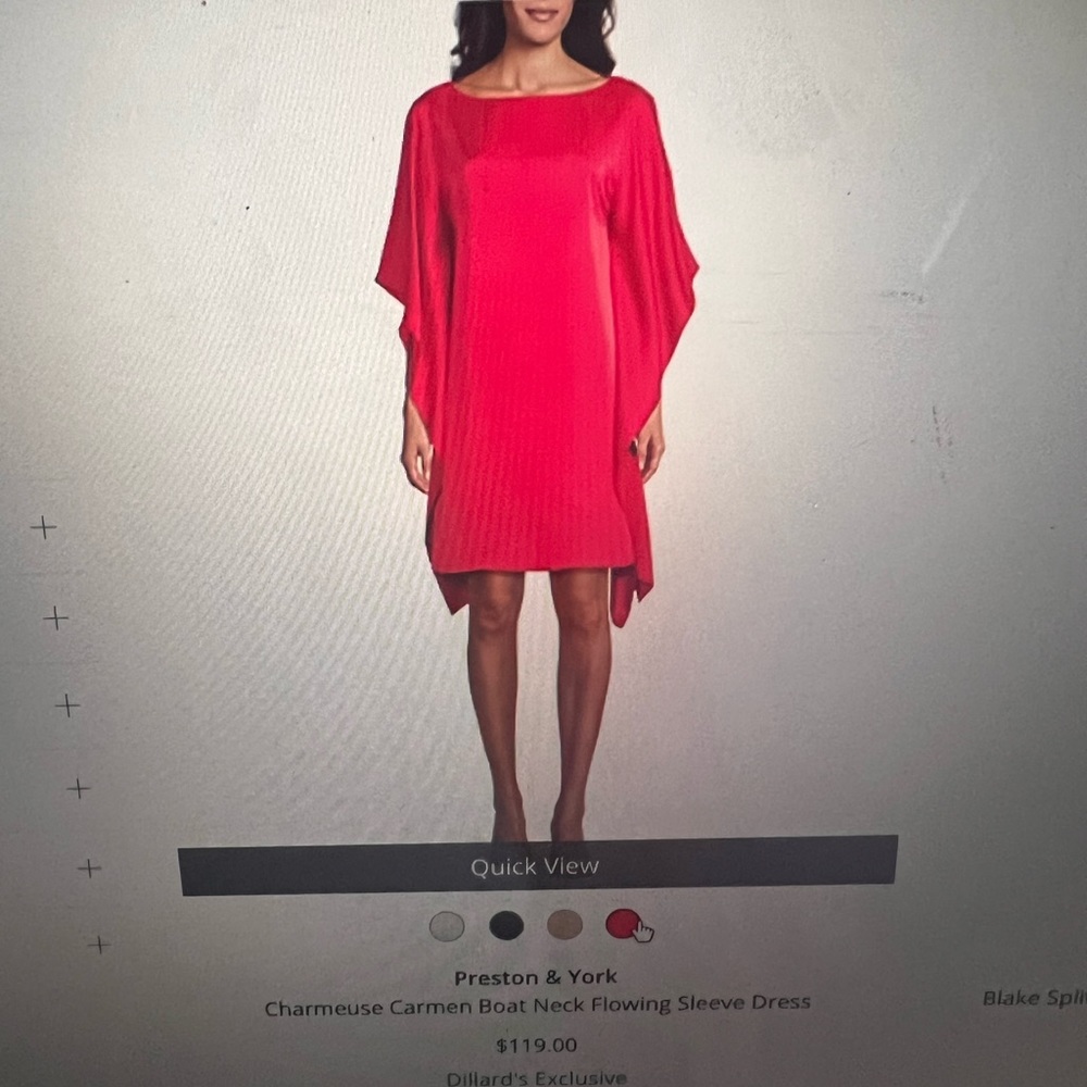 Preston and York red charmeuse Carmen flowing sleeve dress.